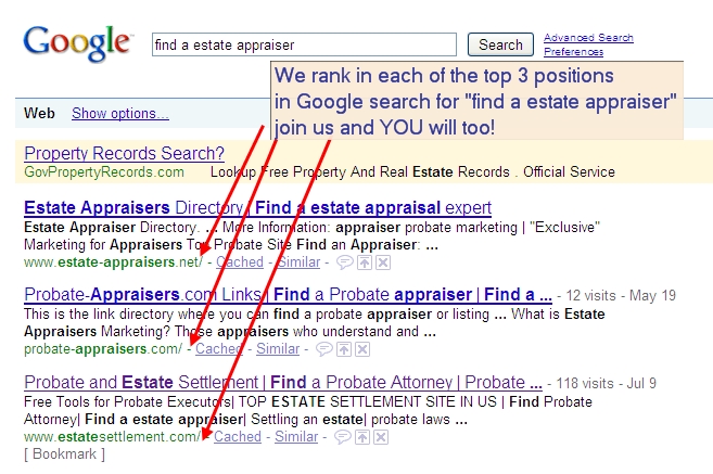 "find a estate appraiser" Google search